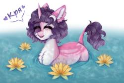 Size: 3000x2000 | Tagged: safe, artist:saltyvity, oc, oc only, pony, unicorn, blushing, cute, draw your style, ear fluff, embarrassed, flower, fluffy, haircut, happy, happy face, heart, high res, lotus (flower), moon, pink body, purple hair, quack, siatika, solo, sparkles, water, white body