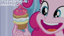 Size: 1920x1080 | Tagged: safe, edit, edited screencap, editor:quoterific, screencap, pinkie pie, human, equestria girls, g4, my little pony equestria girls: better together, super squad goals, cupcake, food