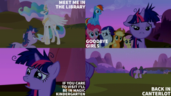 Size: 2000x1125 | Tagged: safe, edit, edited screencap, editor:quoterific, screencap, applejack, fluttershy, pinkie pie, princess celestia, rainbow dash, rarity, twilight sparkle, earth pony, pegasus, pony, unicorn, g4, lesson zero, season 2, butt, crying, floppy ears, hoof shoes, mane six, messy hair, messy mane, plot, twibutt, unicorn twilight