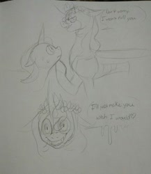 Size: 1280x1475 | Tagged: safe, artist:animalstamp, queen chrysalis, starlight glimmer, changedling, changeling, g4, comic, monochrome, purified chrysalis, sketch, speech bubble, traditional art