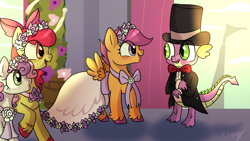 Size: 1600x900 | Tagged: safe, artist:sunniesfunthecupcake, apple bloom, scootaloo, spike, sweetie belle, dragon, earth pony, pegasus, pony, unicorn, a canterlot wedding, g4, amber eyes, bowtie, clothes, cutie mark crusaders, cylinder hat, dress, eye clipping through hair, female, flower filly, flower girl, flower girl dress, green eyes, happy, hat, looking at each other, looking at someone, male, orange coat, purple eyes, raised hoof, royal wedding, scales, ship:scootaspike, shipping, smiling, spread wings, standing, straight, suit, top hat, tuxedo, wedding dress, white coat, wings, yellow coat