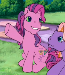 Size: 352x403 | Tagged: safe, screencap, skywishes, twinkle twirl, earth pony, pony, g3, cropped, duo, on ground, outdoors, raised leg, sitting, smiling