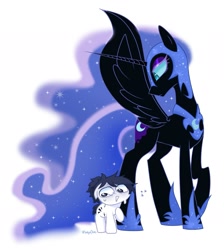 Size: 1791x1995 | Tagged: safe, artist:inkp0ne, nightmare moon, oc, oc:michel tusche, alicorn, earth pony, pony, g4, duo, michel is such a cute filly, simple background, white background