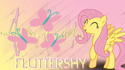 Size: 1920x1080 | Tagged: artist needed, safe, artist:blackgryph0n, artist:bronyyay123, edit, fluttershy, pegasus, pony, g4, cutie mark, eyes closed, female, gradient background, mare, name, open mouth, open smile, raised hoof, shadow, smiling, solo, spread wings, wallpaper, wallpaper edit, wings
