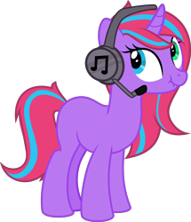 Size: 5383x6270 | Tagged: safe, artist:sollace, derpibooru exclusive, oc, oc only, unnamed oc, pony, unicorn, g4, curved horn, female, headphones, heterochromia, horn, looking back, microphone, scrunchy face, simple background, solo, standing, transparent background, vector