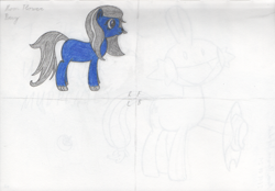 Size: 1637x1141 | Tagged: safe, artist:moon flower, oc, oc only, oc:moon flower, pony, 2018, ambiguous gender, blue body, blue eyes, blue fur, colored, colored pencil drawing, dialogue, english, equine, fur, grey hair, hair, handwriting, hooves, mammal, mane, pencil drawing, reference sheet, side view, simple background, solo, solo ambiguous, tail, text, traditional art, white background, wip