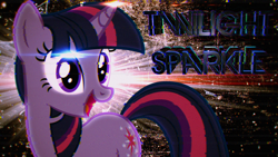 Size: 1920x1080 | Tagged: safe, artist:bronyyay123, artist:moongazeponies, edit, twilight sparkle, pony, unicorn, g4, abstract background, female, lighting, mare, name, open mouth, open smile, smiling, solo, space, stars, unicorn twilight, wallpaper, wallpaper edit