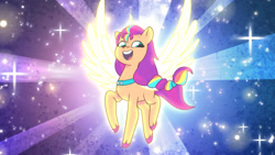 Size: 3072x1727 | Tagged: safe, screencap, sunny starscout, alicorn, pony, g5, mission imponable, my little pony: tell your tale, spoiler:g5, spoiler:my little pony: tell your tale, spoiler:tyts01e49, female, mane stripe sunny, mare, open mouth, open smile, race swap, smiling, solo, spread wings, sunnycorn, wings