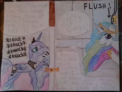 Size: 720x540 | Tagged: safe, artist:justaviewer94, princess celestia, princess luna, g4, grammar error, need to pee, potty emergency, potty time, toilet, trollestia, ye olde butcherede englishe, ye olde english