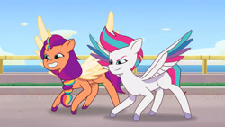 Size: 3072x1727 | Tagged: safe, screencap, sunny starscout, zipp storm, alicorn, pegasus, pony, g5, mission imponable, my little pony: tell your tale, spoiler:g5, spoiler:my little pony: tell your tale, spoiler:tyts01e49, duo, duo female, female, grin, mane stripe sunny, mare, race swap, smiling, spread wings, sunnycorn, wings