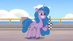 Size: 3072x1727 | Tagged: safe, screencap, izzy moonbow, pony, unicorn, g5, mission imponable, my little pony: tell your tale, spoiler:g5, spoiler:my little pony: tell your tale, spoiler:tyts01e49, checkered flag, female, grin, mare, smiling, solo