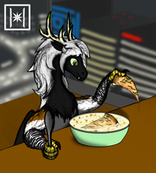 Size: 2700x3000 | Tagged: safe, artist:haribunawa, oc, oc:kalat, draconequus, city, draconequus oc, food, high res, neo kobe pizza, night, pizza, snatcher, soup