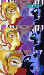 Size: 3840x6480 | Tagged: safe, artist:wissle, daybreaker, nightmare moon, princess celestia, princess luna, alicorn, pony, g4, 3d, absurd resolution, and then sex happened, angry, banner, comic, eyes open, female, fight, full comic, hallway, incest, kiss on the lips, kissing, lesbian, looking at each other, looking at someone, mare, meta, new lunar republic, nightmarebreaker, pillar, royal sisters, ship:evil princest, ship:princest, shipping, siblings, sisters, solar empire, source filmmaker, statue, text, yelling