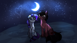 Size: 1600x900 | Tagged: safe, artist:sunniesfunthecupcake, rarity, oc, pony, g4, black mane, black tail, chest fluff, date, heart, looking at the sky, moon, night, purple mane, purple tail, red coat, sitting, smiling, stars, tail, white coat