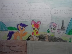 Size: 960x720 | Tagged: safe, artist:justaviewer94, apple bloom, scootaloo, sweetie belle, oc, dragon, g4, cutie mark crusaders, dragon oc, drugs, marijuana, non-pony oc, passed out