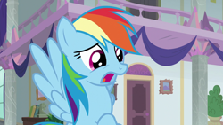 Size: 1280x720 | Tagged: safe, screencap, rainbow dash, pegasus, pony, g4, school daze, female, flying, mare, open mouth, solo