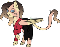 Size: 3847x2988 | Tagged: safe, artist:thecommandermiky, oc, oc only, oc:reagan, hybrid, pegasus, pony, cheek fluff, chest fluff, clothes, female, high res, hybrid oc, long tail, looking away, mare, paws, pegasus oc, red shirt, short hair, short mane, simple background, skirt, smiling, solo, spots, tail, transparent background, wings