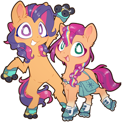 Size: 4488x4504 | Tagged: safe, artist:cutepencilcase, scootaloo (g3), sunny starscout, earth pony, pony, g3, g5, absurd resolution, bag, bipedal, cute, duo, duo female, female, g3 cutealoo, looking at you, mane stripe sunny, mare, open mouth, open smile, roller skates, rollerblades, simple background, skates, smiling, smiling at you, sunnybetes, transparent background, white pupils