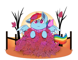 Size: 3984x3060 | Tagged: safe, artist:morrigun, rainbow dash, pegasus, pony, g4, autumn, clothes, colored pupils, commission, cute, dashabetes, female, high res, leaf pile, leaves, mare, one ear down, scarf, simple background, solo, transparent background, wings, ych example, your character here