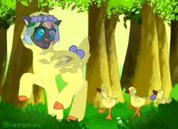 Size: 1328x967 | Tagged: safe, artist:iamsmileo, oc, oc only, bird, duck, earth pony, pony, forest, onesie