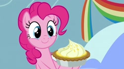 Size: 1920x1080 | Tagged: safe, screencap, pinkie pie, earth pony, pony, g4, secrets and pies, cloudsdale, female, food, mare, pie, smiling, solo