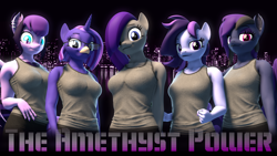 Size: 3840x2160 | Tagged: safe, artist:dangerousdpad, oc, oc:empathy, oc:kylie astra, oc:moonshine, oc:moonshine dusk, oc:nikky, oc:raven storm, bat pony, earth pony, unicorn, anthro, 3d, clothes, high res, purple, source filmmaker, tank top