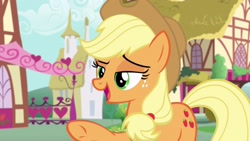 Size: 2560x1440 | Tagged: safe, screencap, applejack, earth pony, pony, flutter brutter, g4, season 6, lidded eyes, open mouth, solo, sugarcube corner