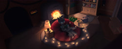 Size: 4590x1849 | Tagged: safe, artist:luneinspace, oc, oc only, oc:tarsi, changeling, beanbag chair, book, bookshelf, changeling oc, commission, fireplace, glasses, indoors, lamp, plushie, reading, solo, string lights, teapot, ych result