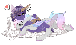 Size: 1612x962 | Tagged: safe, artist:kamokpushok, oc, oc:dreamyway skies, oc:urania, bat pony, pony, unicorn, blanket, commission, horn, horn jewelry, jewelry, one eye closed, pillow, simple background, sleeping, smiling, snuggling, transparent background, wink, your character here