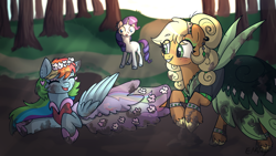 Size: 1600x900 | Tagged: safe, artist:sunniesfunthecupcake, applejack, rainbow dash, rarity, earth pony, pegasus, pony, unicorn, g4, blue eyes, clothes, dress, ear piercing, earring, floral head wreath, flower, forest, green eyes, happy, jewelry, laughing, looking at someone, mud, muddy, multicolored hair, multicolored mane, piercing, purple mane, rainbow hair, shocked, shocked expression, yellow mane