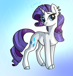 Size: 869x900 | Tagged: safe, artist:sunniesfunthecupcake, rarity, pony, unicorn, g4, blue eyes, gradient background, purple mane, purple tail, smiling, solo, standing, tail