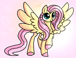 Size: 1184x900 | Tagged: safe, artist:sunniesfunthecupcake, fluttershy, pegasus, pony, g4, chest fluff, cyan eyes, heart, pink mane, pink tail, raised hoof, simple background, smiling, solo, spread wings, standing, tail, wings