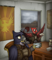 Size: 2000x2300 | Tagged: safe, artist:molars, oc, griffon, fallout equestria, apoc, armor, banner, book, clothes, commission, cup, desk, detailed background, flag, green fur, griffon oc, high res, holding, ncr, new canterlot republic, old, paper, poster, red fur, smiling, spread wings, teacup, uniform, wasteland, wings