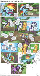 Size: 2000x3752 | Tagged: safe, artist:perfectblue97, applejack, rainbow dash, rarity, twilight sparkle, earth pony, pegasus, pony, unicorn, comic:shadows of the past, g4, angry, butt, censor bar, censored, censored vulgarity, comic, crying, eyes closed, high res, open mouth, plot, speech bubble, tears of pain, teary eyes, tree, unicorn twilight, yelling