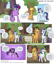 Size: 1500x1791 | Tagged: safe, artist:perfectblue97, applejack, rarity, twilight sparkle, earth pony, pony, unicorn, comic:shadows of the past, g4, comic, leg fluff, open mouth, speech bubble, tree, unicorn twilight