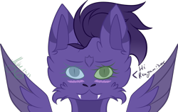 Size: 5397x3418 | Tagged: safe, artist:thecommandermiky, oc, oc only, oc:miky command, hybrid, pegasus, pony, blue eye, blushing, cheek fluff, fangs, female, green eye, hybrid oc, mare, pegasus oc, purple coat, purple hair, purple mane, simple background, smiling, solo, spots, spread wings, text, transparent background, wings