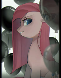 Size: 1700x2160 | Tagged: safe, artist:hosikawa, pinkie pie, earth pony, pony, g4, balloon, female, looking at you, mare, pinkamena diane pie, signature, smiling, smirk, solo