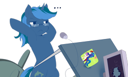 Size: 1280x769 | Tagged: safe, artist:princessmisery, oc, oc:paleosteno, pony, unicorn, computer, solo, table flip