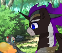 Size: 1041x894 | Tagged: safe, artist:iamsmileo, oc, oc only, bat pony, pony, unicorn, duo, food, forest, mango