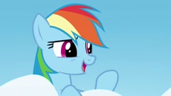 Size: 2560x1440 | Tagged: safe, screencap, rainbow dash, pegasus, pony, g4, top bolt, cloud, cute, dashabetes, female, mare, sky, solo