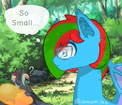 Size: 1041x894 | Tagged: safe, artist:iamsmileo, oc, oc only, bat pony, pony, duo, food, forest, mango