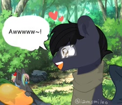 Size: 1041x894 | Tagged: safe, artist:iamsmileo, oc, oc only, bat pony, pegasus, pony, duo, food, forest, mango