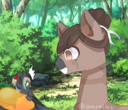 Size: 1041x894 | Tagged: safe, artist:iamsmileo, oc, oc only, bat pony, earth pony, pony, duo, food, forest, mango