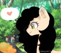 Size: 1041x894 | Tagged: safe, artist:iamsmileo, oc, oc only, bat pony, earth pony, pony, duo, food, forest, mango