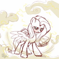 Size: 3000x3000 | Tagged: safe, artist:tersisa, fluttershy, pegasus, pony, g4, cloud, female, high res, mare, sketch, solo, spread wings, wind, wings