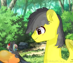 Size: 1041x894 | Tagged: safe, artist:iamsmileo, oc, oc only, bat pony, pegasus, pony, duo, food, forest, mango