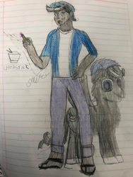 Size: 720x960 | Tagged: safe, oc, oc:chopsticks, human, pony, hat, lined paper, male, pencil, pencil drawing, self paradox, self ponidox, sketch, solo, stallion, traditional art