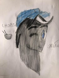 Size: 720x960 | Tagged: safe, oc, oc:chopsticks, pegasus, pony, bust, hat, looking at you, male, one eye closed, pencil drawing, solo, stallion, traditional art, wink