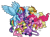 Size: 1050x771 | Tagged: safe, artist:tersisa, applejack, fluttershy, pinkie pie, rainbow dash, rarity, starlight glimmer, twilight sparkle, alicorn, earth pony, pegasus, pony, unicorn, g4, applejack's hat, cowboy hat, curved horn, ear fluff, eyes closed, female, hat, horn, leonine tail, looking at each other, looking at someone, magic, magic aura, mane six, mare, one eye closed, simple background, sitting, smiling, tail, transparent background, twilight sparkle (alicorn), unshorn fetlocks, wing fluff, wings