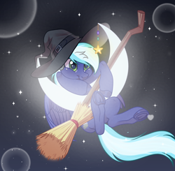 Size: 2408x2360 | Tagged: safe, artist:kim0508, oc, oc:moonlight drop, pegasus, pony, broom, commission, cute, hanging, hat, heart, heart eyes, high res, moon, solo, wingding eyes, witch hat, ych result